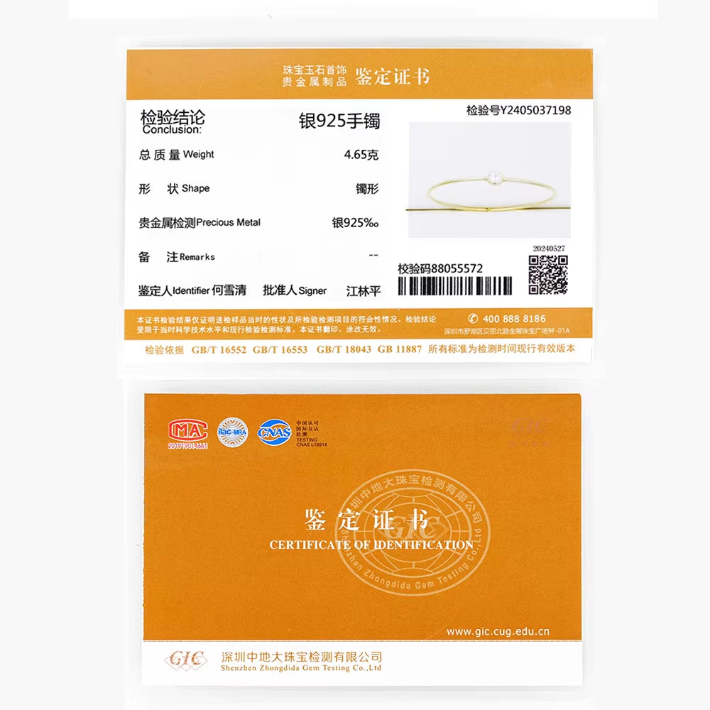 Original and Pure 925 Sterling Silver Cuff Bangle Bezel 5Mm Moissanite Bracelet for Women Simple Hand Chain Luxury Jewelry