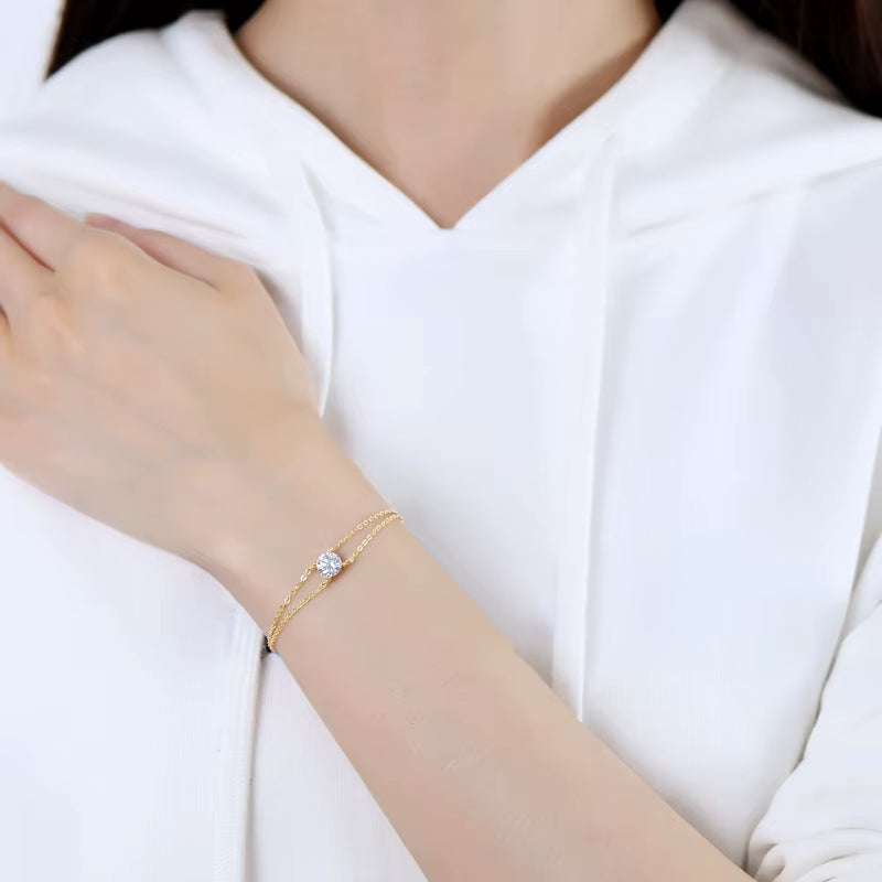 6.5Mm 1Ct Moissanite Bracelet 925 Sterling Silver Certified Double Chain Bracelets for Women Charm Wedding Jewelry Gift