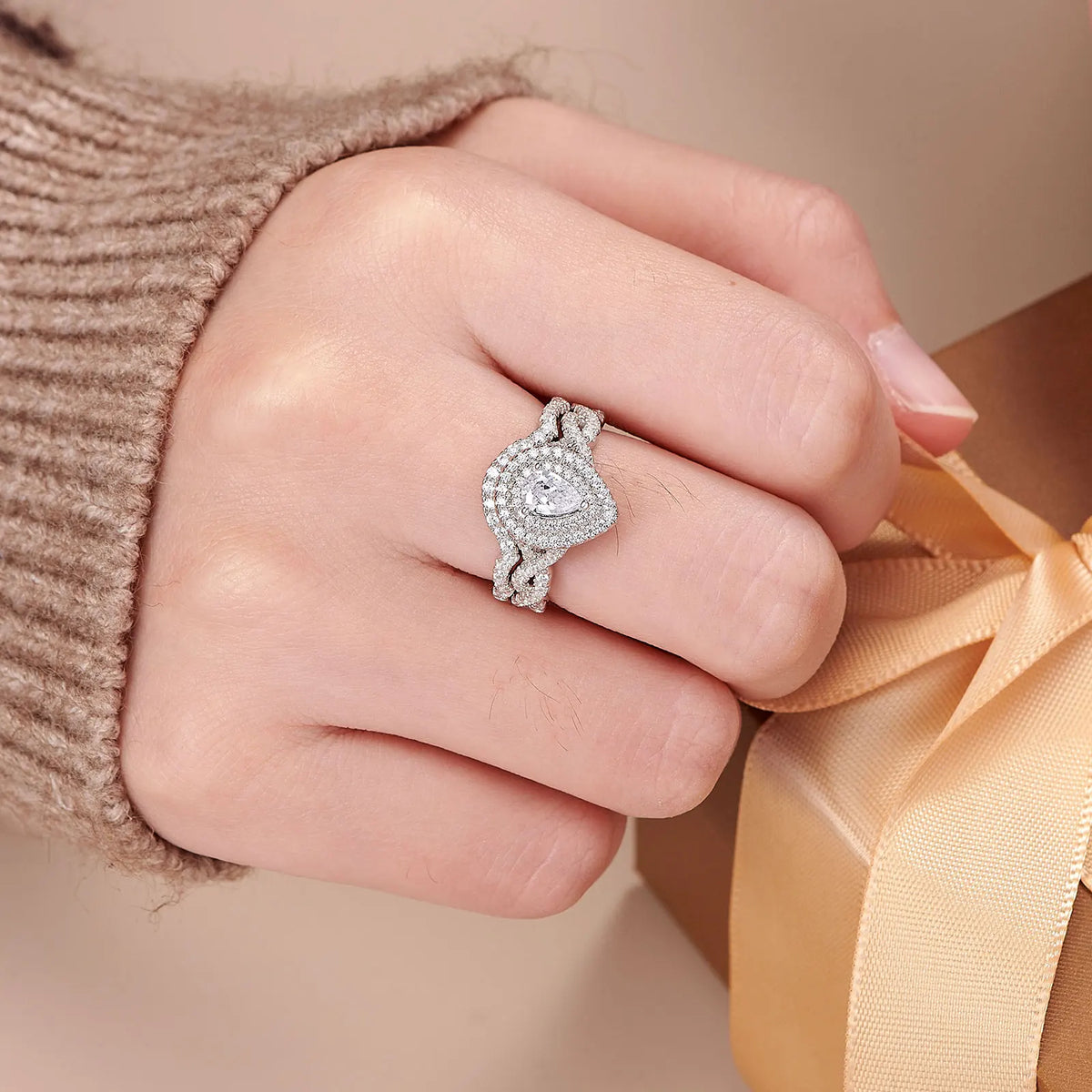 Infinity Engagement Ring Wedding Band for Women 925 Sterling Silver Bridal Rings Set Halo Pear Cut AAAAA Cubic Zircon