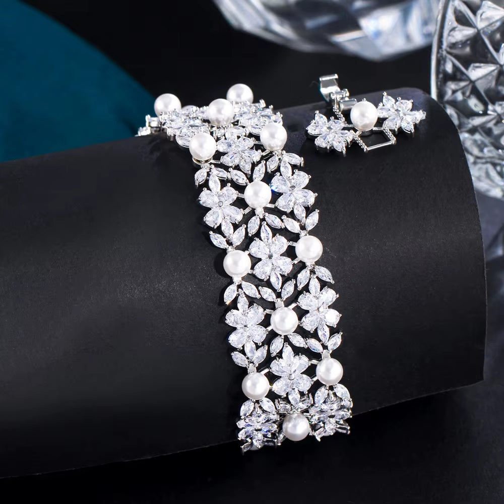 Threegraces Elegant Shiny Cubic Zirconia Simulated Pearl Wedding Bridal Engagement Bracelet for Women Fashion Prom Jewelry BR282