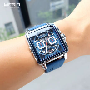 Square Dial Sport Quartz Watch Men Fashion Waterproof Luminous Wristwatch with Chronograph Date Blue Silicone Strap 2233