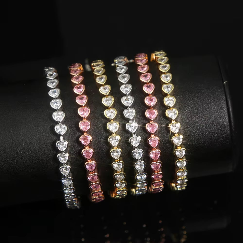 2025 New Iced Out AAA Cubic Zirconia Heart Tennis Chain Bracelet Silver Color CZ Charm Chain Bracelet Hip Hop Jewelry for Women