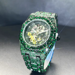 Automatic Watch for Men Luxury Full Green Ice Out Business Tourbillon Watches Bling Diamond Gold Male Mechanical Wristwatch