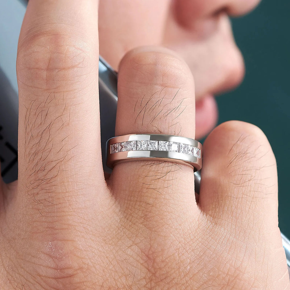 925 Sterling Silver Moissanite Mens Wedding Band Half Eternity Princess Cut Lab Created Diamond Ring Luxury Jewelry