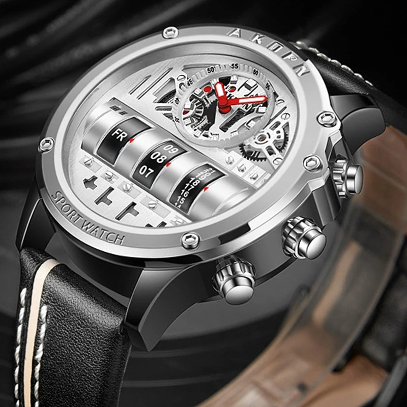 Business Casual Watch for Men Creative Men Wristwatch Unique Rotate Date Leather Strap Quartz Watch Male Military Sport Clock