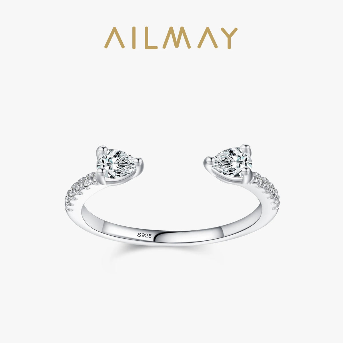 Solid 925 Sterling Silver Water Drop Shape Dazzling CZ Adjustable Finger Ring for Women Girls Birthday Party Jewelry Gift