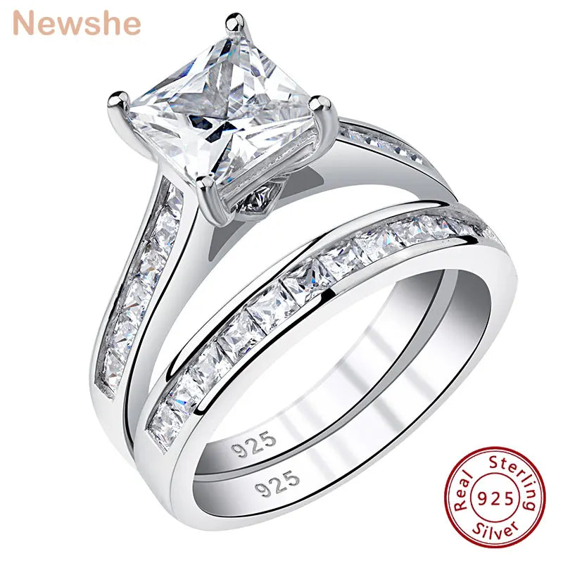 2 Pieces Classic Wedding Rings Set for Women 7*7Mm Princess Cut AAAAA Zircon 925 Sterling Silver Engagement Ring Jewelry