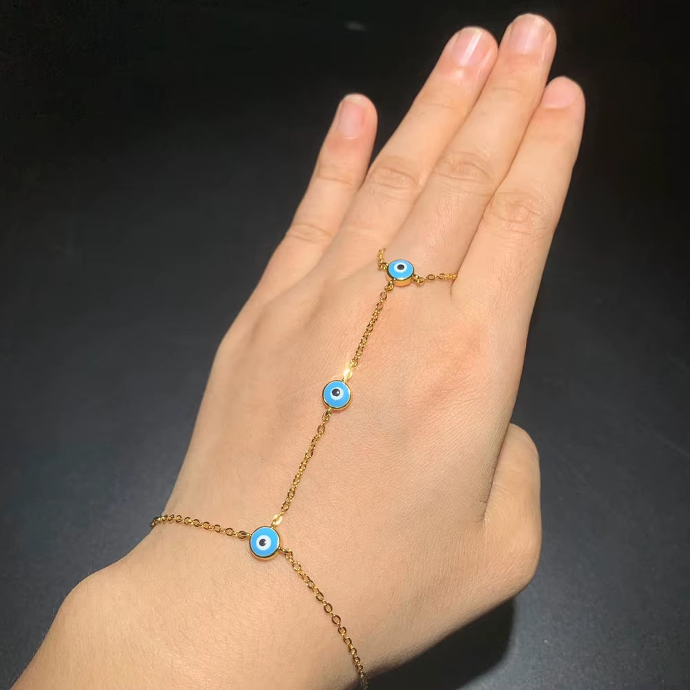 Wholesale Fashion Women Jewelry Hand Chain Gold Color Blue Enamel Evil Eye Charm Chain Bracelet