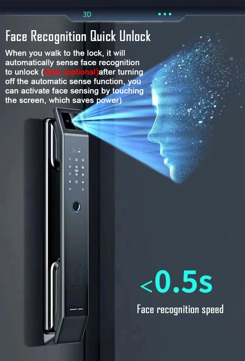 3D Face Recognition Keyless Smart Door Lock with Camera & Fingerprint Access