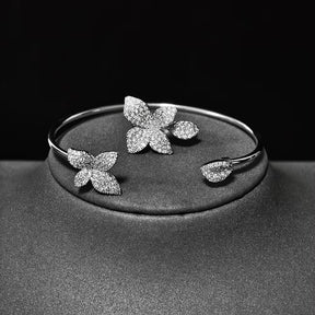 Luxury Designer Silver Color Flower Leaf Adjustable Jewelry Set Ring Bangle for Women Free Items Gift Jewelry R5433-S8026