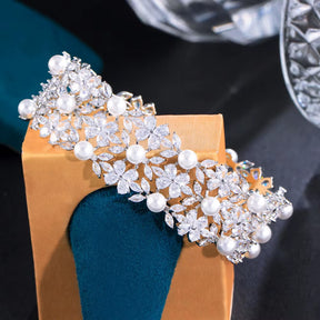Threegraces Elegant Shiny Cubic Zirconia Simulated Pearl Wedding Bridal Engagement Bracelet for Women Fashion Prom Jewelry BR282