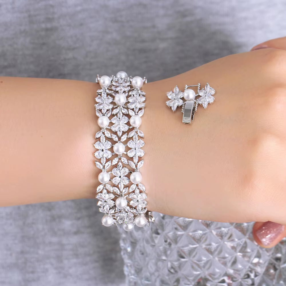 Threegraces Elegant Shiny Cubic Zirconia Simulated Pearl Wedding Bridal Engagement Bracelet for Women Fashion Prom Jewelry BR282