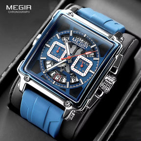 Square Dial Sport Quartz Watch Men Fashion Waterproof Luminous Wristwatch with Chronograph Date Blue Silicone Strap 2233