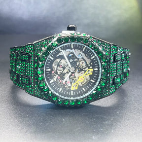 Automatic Watch for Men Luxury Full Green Ice Out Business Tourbillon Watches Bling Diamond Gold Male Mechanical Wristwatch