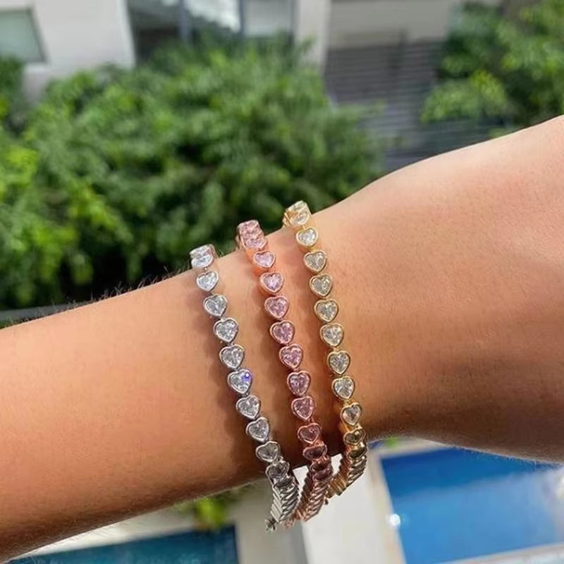 2025 New Iced Out AAA Cubic Zirconia Heart Tennis Chain Bracelet Silver Color CZ Charm Chain Bracelet Hip Hop Jewelry for Women