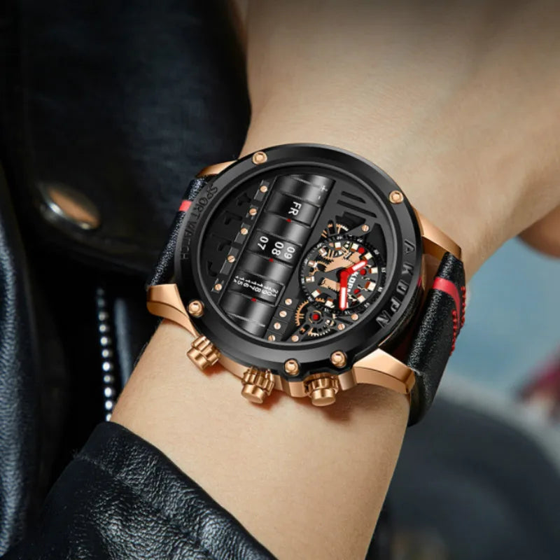 Business Casual Watch for Men Creative Men Wristwatch Unique Rotate Date Leather Strap Quartz Watch Male Military Sport Clock