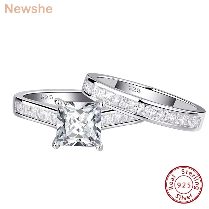2 Pieces Classic Wedding Rings Set for Women 7*7Mm Princess Cut AAAAA Zircon 925 Sterling Silver Engagement Ring Jewelry