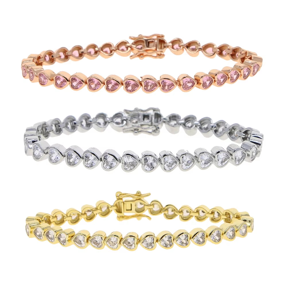 2025 New Iced Out AAA Cubic Zirconia Heart Tennis Chain Bracelet Silver Color CZ Charm Chain Bracelet Hip Hop Jewelry for Women