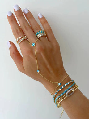 Wholesale Fashion Women Jewelry Hand Chain Gold Color Blue Enamel Evil Eye Charm Chain Bracelet