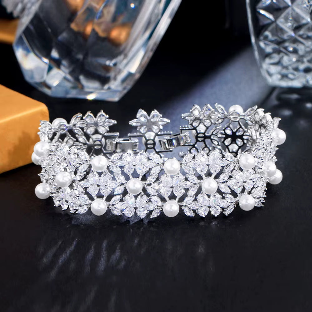 Threegraces Elegant Shiny Cubic Zirconia Simulated Pearl Wedding Bridal Engagement Bracelet for Women Fashion Prom Jewelry BR282