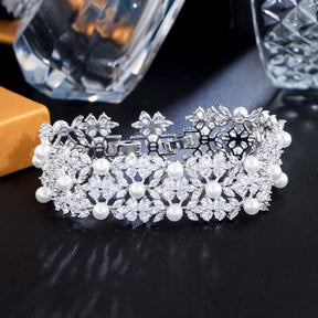 Threegraces Elegant Shiny Cubic Zirconia Simulated Pearl Wedding Bridal Engagement Bracelet for Women Fashion Prom Jewelry BR282